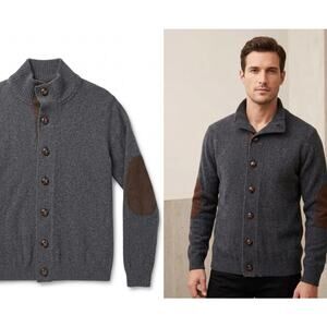 System Men's Collection Angora Blend Gray Cardigan Sweater Suede Elbow Patch M